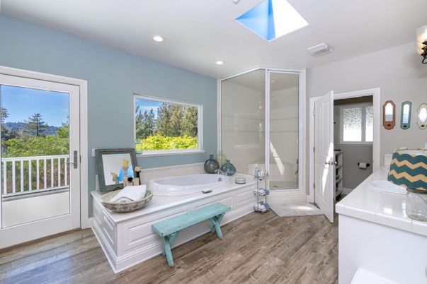 Bathroom, Glass Shower, Interior, Recessed Lighting, Tile Countertops, Wood Texture Flooring