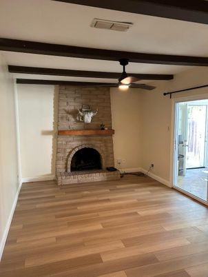 Empty room, Fireplace, Interior, Stone Walls, Wood Texture Flooring