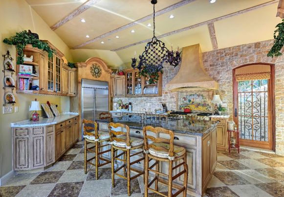Interior, Kitchen, Pendant Lights, Recessed Lighting, Stainless Steel Appliances, Stone Walls