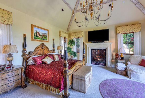 Bedroom, Chandelier, Fireplace, Interior