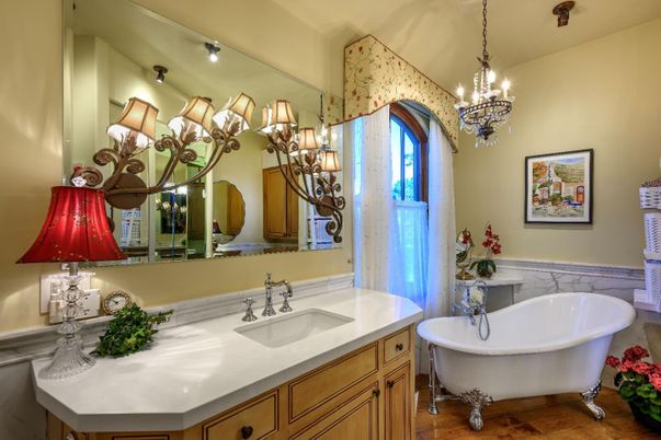 Bathroom, Chandelier, Dual Sink Vanities, Free Standing Baths, Interior, Wood Texture Flooring
