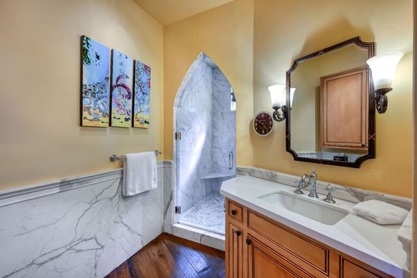Bathroom, Interior, Marble Walls, Wood Texture Flooring