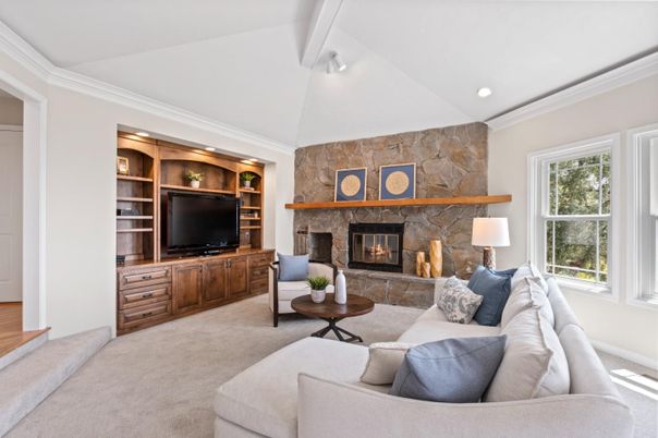 Fireplace, Interior, Living room, Recessed Lighting, Stone Walls