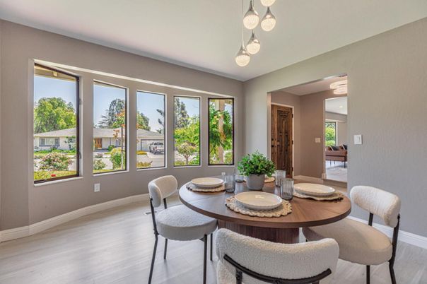 Dining room, Interior, Pendant Lights, Wood Texture Flooring