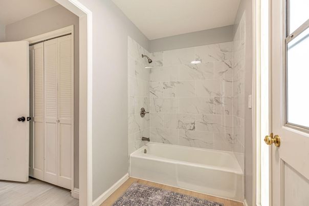 Bathroom, Interior, Marble Walls, Wood Texture Flooring
