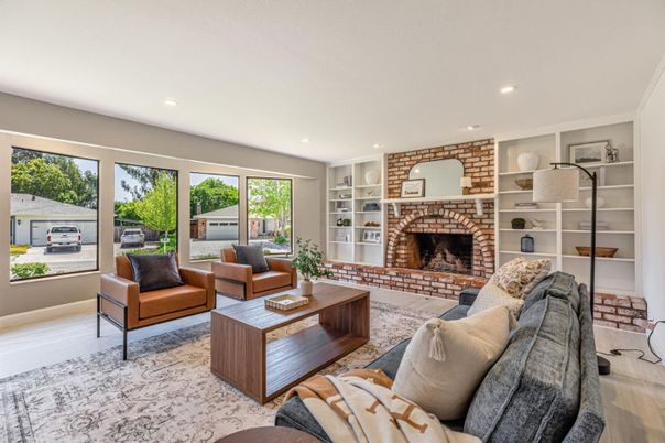 Fireplace, Interior, Living room, Recessed Lighting, Stone Walls, Wood Texture Flooring
