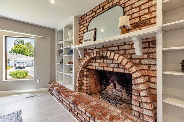 Fireplace, Interior, Recessed Lighting, Stone Walls