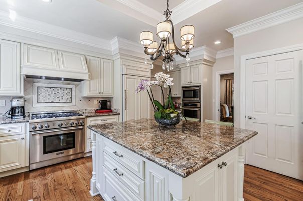 Chandelier, Interior, Kitchen, Recessed Lighting, Stainless Steel Appliances, Wood Texture Flooring