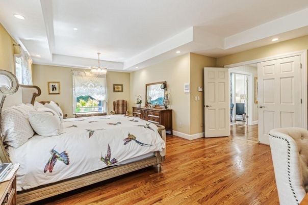 Bedroom, Chandelier, Interior, Recessed Lighting, Wood Texture Flooring