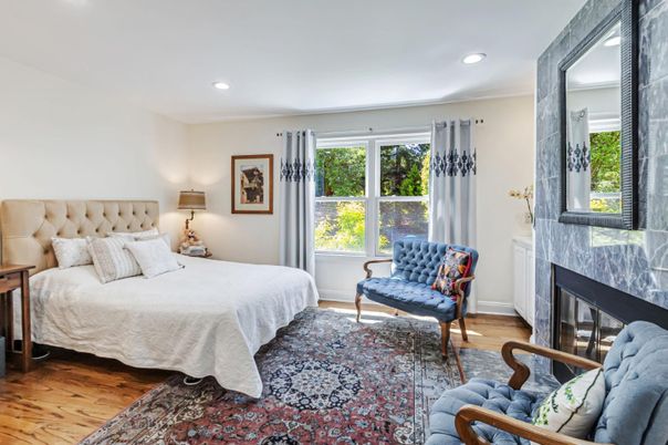 Bedroom, Fireplace, Interior, Recessed Lighting, Wood Texture Flooring