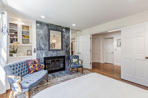 Fireplace, Interior, Marble Walls, Recessed Lighting, Wood Texture Flooring