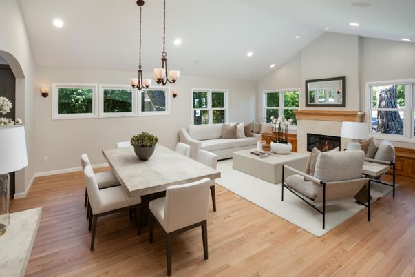 Dining room, Fireplace, Interior, Living room, Pendant Lights, Recessed Lighting, Wood Texture Flooring