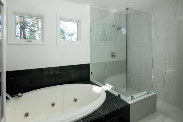 Bathroom, Glass Shower, Interior, Marble, Marble Walls, Recessed Lighting