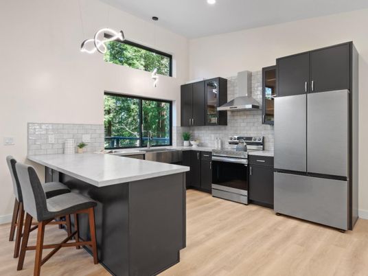 Interior, Kitchen, Pendant Lights, Recessed Lighting, Stainless Steel Appliances, Wood Texture Flooring