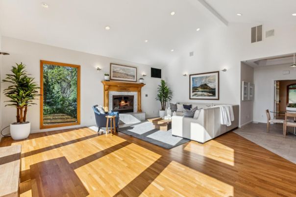 Fireplace, Interior, Living room, Recessed Lighting, Wood Texture Flooring