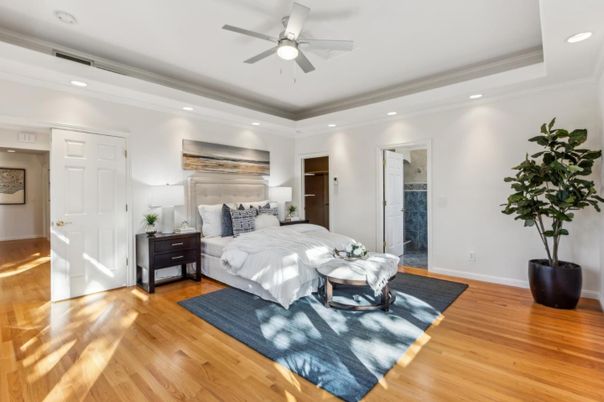 Bedroom, Interior, Recessed Lighting, Wood Texture Flooring
