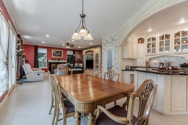 Dining room, Fireplace, Interior, Kitchen, Living room, Pendant Lights, Recessed Lighting
