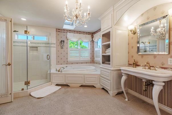 Bathroom, Chandelier, Glass Shower, Interior, Recessed Lighting