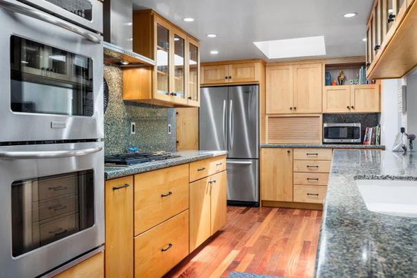 Interior, Kitchen, Recessed Lighting, Stainless Steel Appliances, Wood Texture Flooring