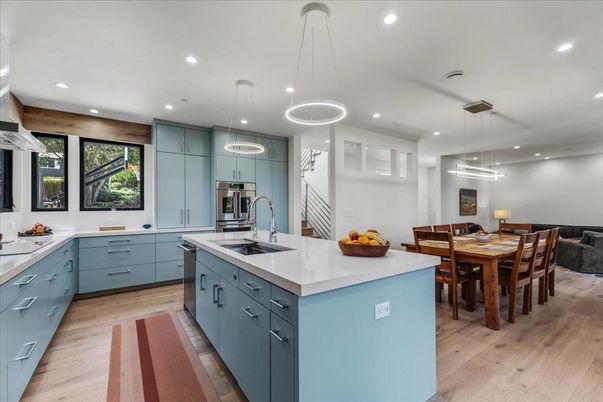 Dining room, Interior, Kitchen, Pendant Lights, Recessed Lighting, Stainless Steel Appliances, Wood Texture Flooring