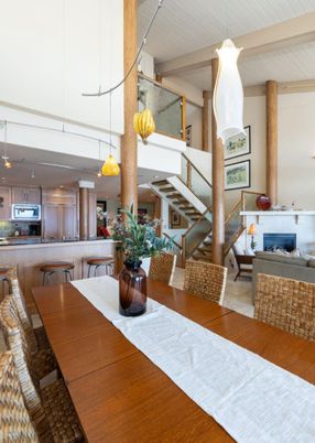 Dining room, Fireplace, Interior, Kitchen, Pendant Lights, Wood Texture Flooring