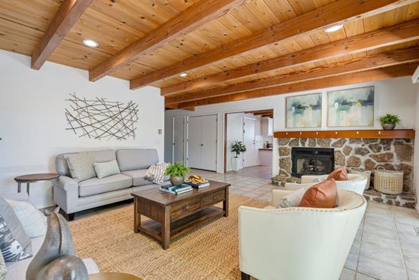 Fireplace, Interior, Living room, Recessed Lighting, Wooden Beams, Wooden Ceilings