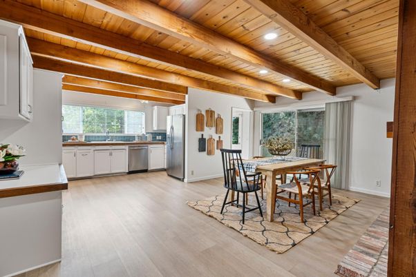Dining room, Interior, Kitchen, Recessed Lighting, Stainless Steel Appliances, Wooden Beams, Wooden Ceilings, Wood Texture Flooring