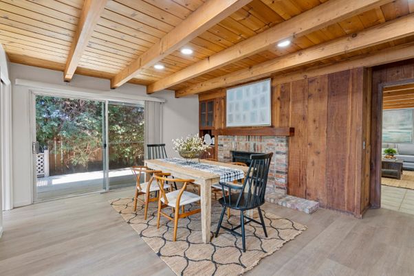 Dining room, Fireplace, Interior, Recessed Lighting, Wooden Beams, Wooden Ceilings, Wood Texture Flooring, Wooden Walls