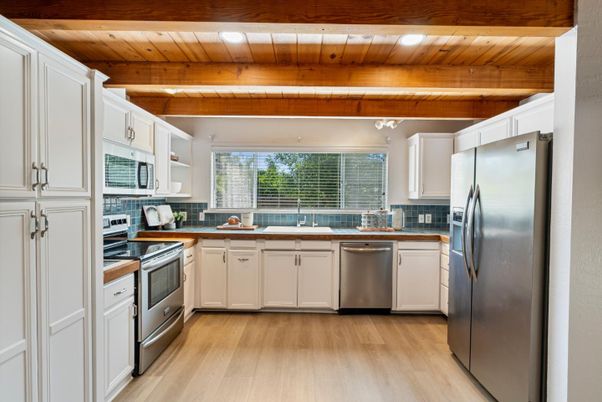 Interior, Kitchen, Recessed Lighting, Stainless Steel Appliances, Wooden Beams, Wooden Ceilings, Wood Texture Flooring