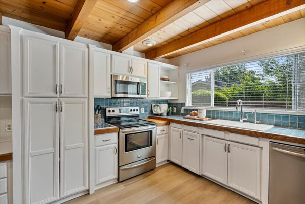Interior, Kitchen, Stainless Steel Appliances, Tile Countertops, Wooden Beams, Wooden Ceilings, Wood Texture Flooring