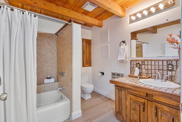 Bathroom, Interior, Tile Countertops, Wooden Beams, Wooden Ceilings, Wood Texture Flooring