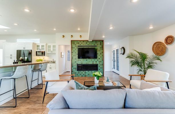 Fireplace, Interior, Kitchen, Living room, Recessed Lighting, Wood Texture Flooring
