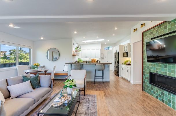 Dining room, Fireplace, Interior, Kitchen, Living room, Recessed Lighting, Wood Texture Flooring