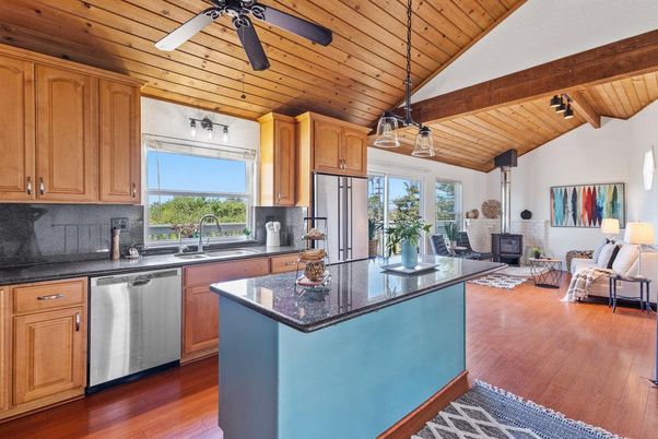 Fireplace, Interior, Kitchen, Pendant Lights, Stainless Steel Appliances, Wooden Beams, Wooden Ceilings, Wood Texture Flooring