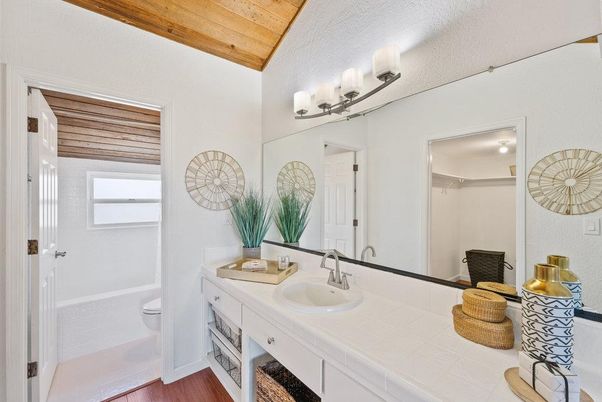 Bathroom, Interior, Tile Countertops, Wooden Ceilings, Wood Texture Flooring