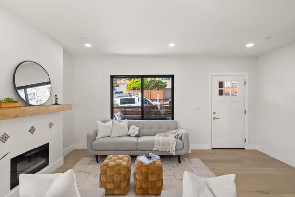Fireplace, Interior, Living room, Recessed Lighting, Wood Texture Flooring