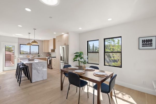 Dining room, Interior, Kitchen, Pendant Lights, Recessed Lighting, Stainless Steel Appliances, Wood Texture Flooring