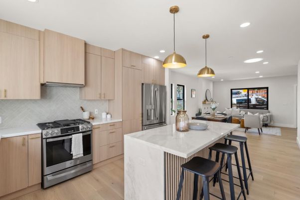 Dining room, Interior, Kitchen, Living room, Pendant Lights, Recessed Lighting, Stainless Steel Appliances, Wood Texture Flooring