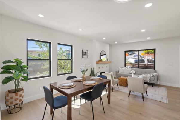 Dining room, Interior, Living room, Recessed Lighting, Wood Texture Flooring