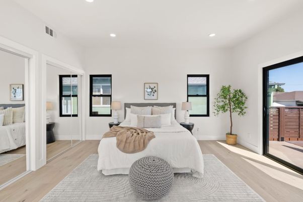 Bedroom, Interior, Recessed Lighting, Wood Texture Flooring