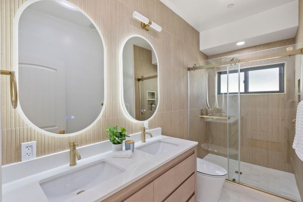 Bathroom, Dual Sink Vanities, Glass Shower, Interior, Recessed Lighting