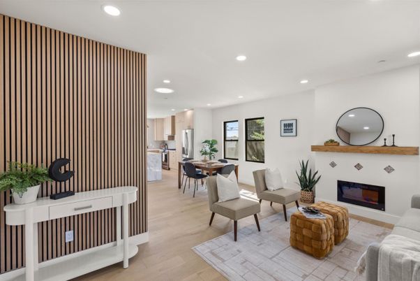 Dining room, Fireplace, Interior, Kitchen, Living room, Recessed Lighting, Wood Texture Flooring
