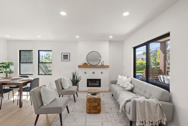Dining room, Fireplace, Interior, Living room, Recessed Lighting, Wood Texture Flooring