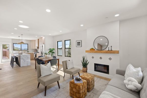 Dining room, Fireplace, Interior, Kitchen, Living room, Pendant Lights, Recessed Lighting, Wood Texture Flooring