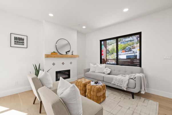 Fireplace, Interior, Living room, Recessed Lighting, Wood Texture Flooring