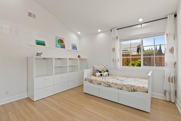 Bedroom, Interior, Recessed Lighting, Wood Texture Flooring