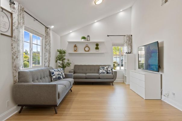 Fireplace, Interior, Living room, Recessed Lighting, Wood Texture Flooring