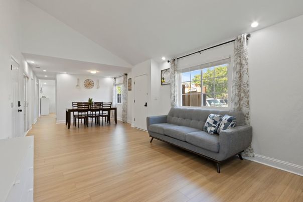 Dining room, Interior, Recessed Lighting, Wood Texture Flooring