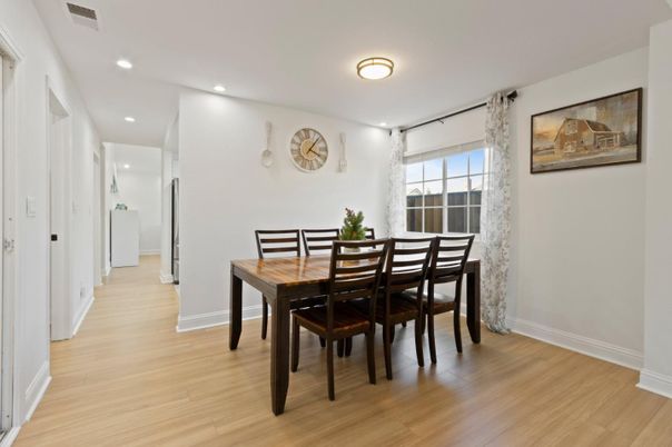 Dining room, Interior, Recessed Lighting, Wood Texture Flooring