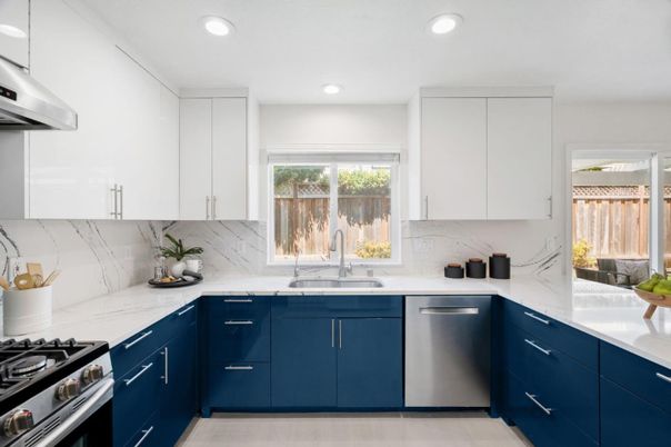Interior, Kitchen, Marble Walls, Recessed Lighting, Stainless Steel Appliances